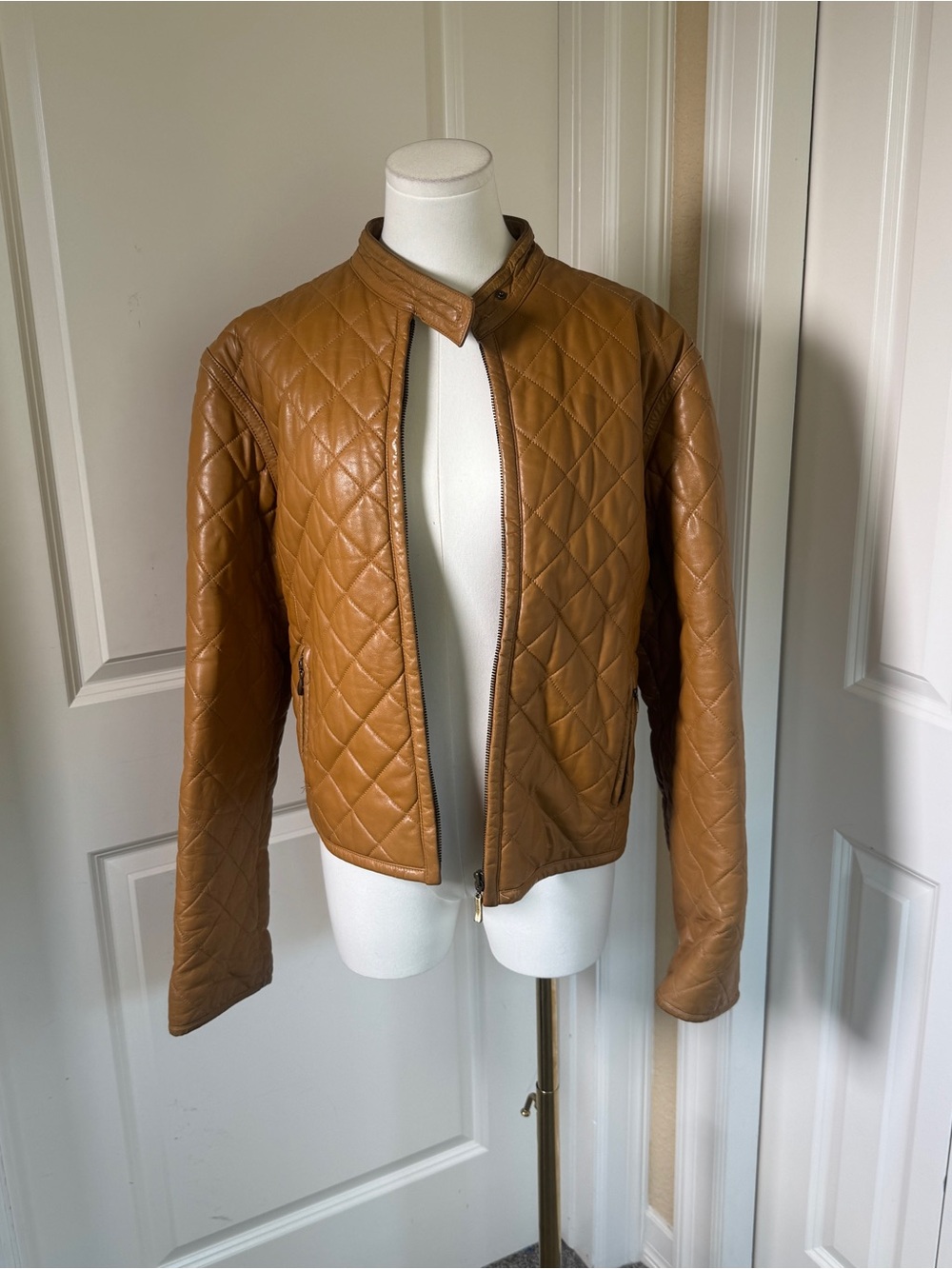 Knoles & Carter Quilted Leather Cafe Racer Jacket Tan Brown Moto Women’s M